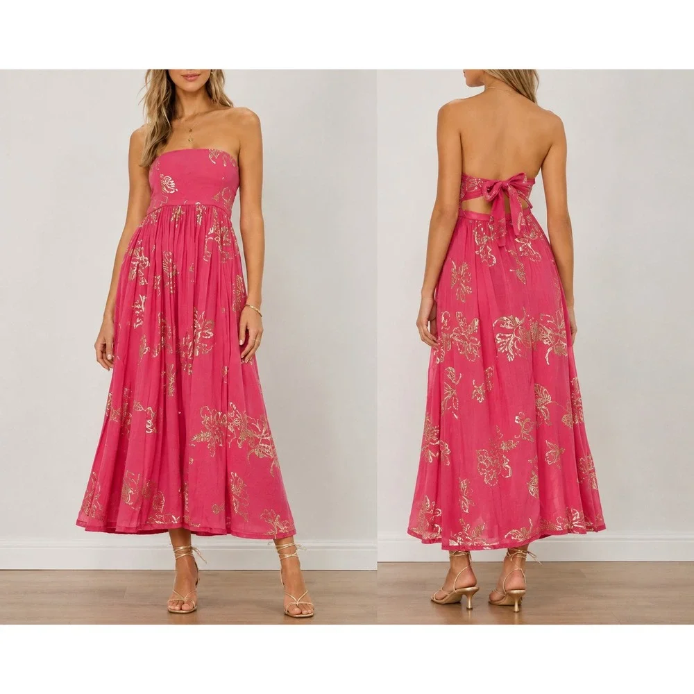 Free People Baja Babe Midi Dress M Hot Pink Gold Foil Strapless Boho OB1104493